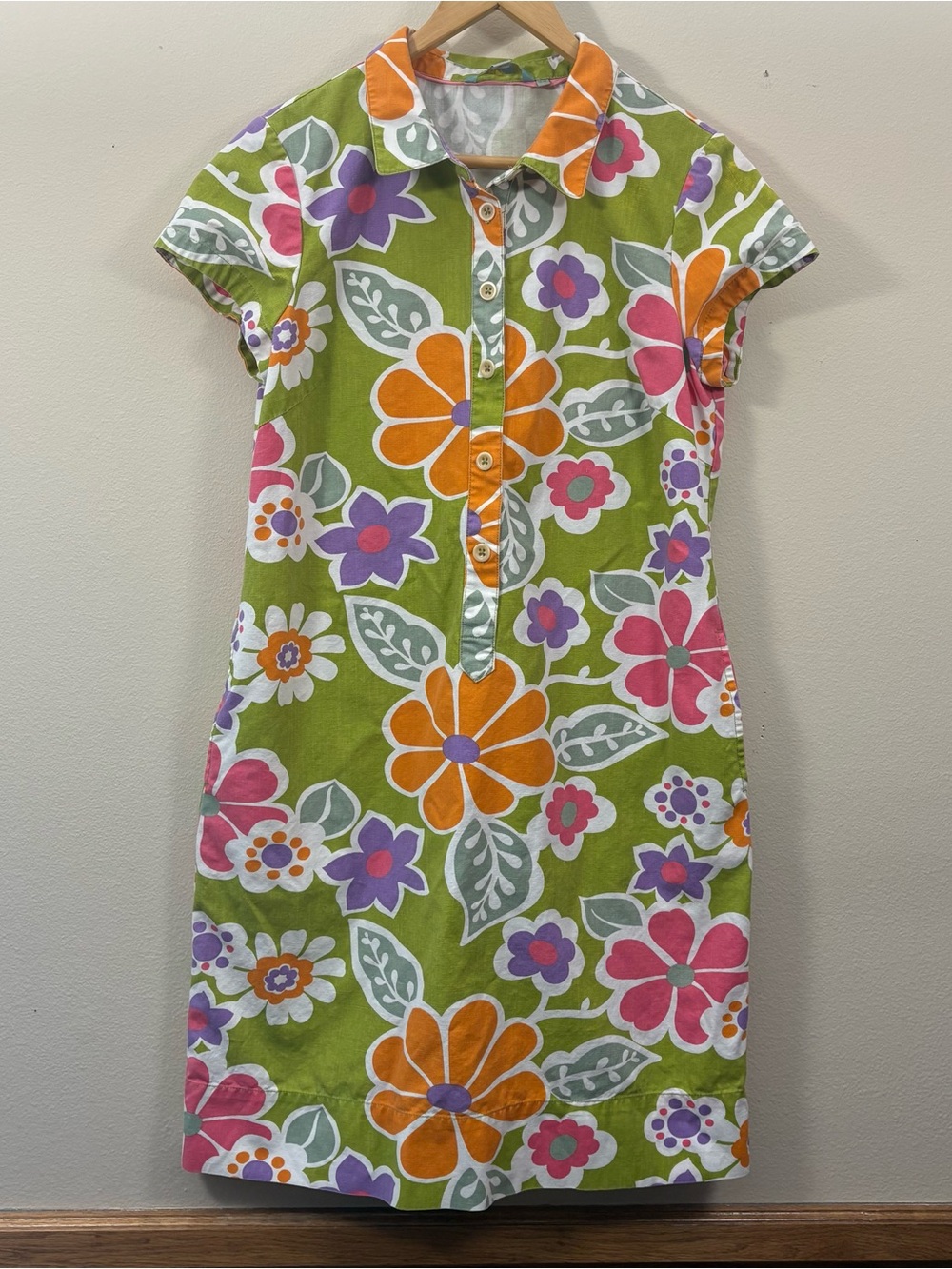 Boden green short-sleeve cotton dress womens 10 retro floral groovy flower power